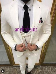 Fashion One Button Pink/Ivory Groom Tuxedos Peak Lapel Wedding/Prom/Dinner Groomsmen Men Suits Blazer (Jacket+Pants+Vest+Tie) W1413