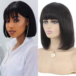 Malaysian Straight Bob Human Hair Wigs With Bang Natural Colour 130% No Lace Machine Made Wig For Woman