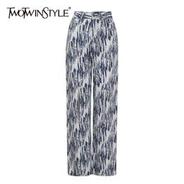 Casual Print Trousers For Women High Waist Patchwork Hole Loose Straight Wide Leg Pants Female Spring Clothing 210521