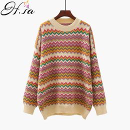 H.SA Winter Striped Sweaters for Women Casual Knitwear Rainbow Wave Colorful Sweraters Chick Pullover Femlae Chic Outerwear 210716