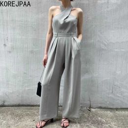 Korejpaa Women Jumpsuits Summer Korean Chic Cross Strapless Halter Neck High Waist Pleated Slim Fit Drape Wide-Leg Jumpsuit 210526