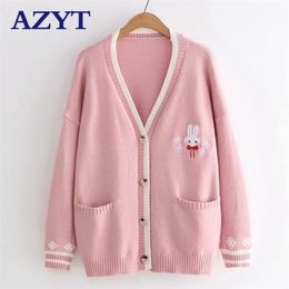 AZYT Cartoon Embroidery Rabbit Knit Sweater Cardigan Korean Chic Loose Female Knitshirt V Neck Cardigan Jacket Women 210918