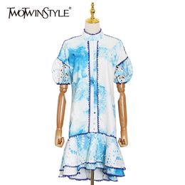 Loose Hollow Out Dress For Women Stand Collar Short Sleeve Printed Casual Dresses Female Fashion Clothes Summer 210520