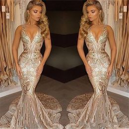 2021 Luxury Gold Sequined Mermaid Evening Dresses Wear Deep V Neck Sweep Train Long Formal Plus Size Special Occasion Prom Party Pageant Gowns