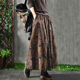 Spring Autumn Arts Style Women High Waist Cotton A-line Long Skirt Vintage Print Loose Maxi Female Casual S272 210512