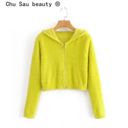 Autumn Fashion Blogger Style Mohair Knitted Cardigan Hoodies Casual Chic V-neck Long Sleeve Short Caridgans Sweaters 210508