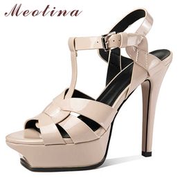 Meotina Women Shoes Pleated Leather Sandals Super T-strap High Heel Sandals Buckle Thin Heel Ladies Footwear Summer Apricot 41 210608