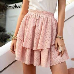 Pink Cotton High Waist Mini Skirt Casual Ruffled A-line Women Short Solid Summer Rmbroidered Female 210621
