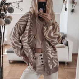 Women Oversized Leopard Knit Cardigan Autumn Winter Female Casual Loose V Neck Single Breasted Long Sleeve Knitted Outwear 211018