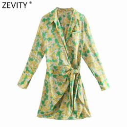 Zevity 2021 Delle Donne Dell'annata Stampa Floreale Casual Sottile Mini Abito Camicia Femminile Chic Manica Lunga Fiocco Legato Wrap Kimono Abiti DS8346 G1214