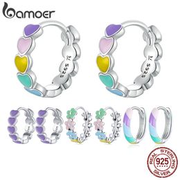 bamoer Genuine 925 Sterling Silver Women Multicolor Enamel Heart Hoop Earrings Rainbow Trend Jewellery for Girl Gift SCE909