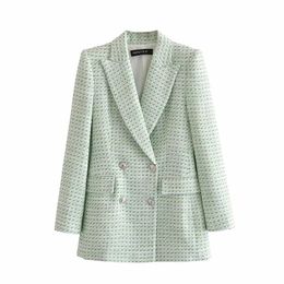 Stylish Light Green Double Breasted Tweed Women Blazer Jacket Vintage Long Jacket Coat Office Lady Fashion Outwear 210521