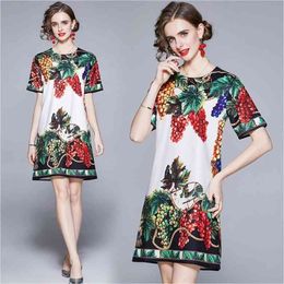 Summer Women Fashion Casual Short-sleeved Loose Vintage Grape Printed Short Dresses Vestidos 210531