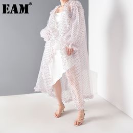 [EAM] Women Dot Mesh Perspective Long Big Size Blouse Long Sleeve Loose Fit Shirt Fashion Spring Summer JF39411 210512