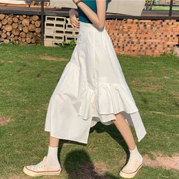 Solid Color High Elastic Waist Half-body Irregular Pleated Ruffles Skirt Women Fashion Spring Summer 16F0653 210510