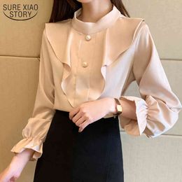 Autumn Satin Chiffon Blouse Style Tops for Women Solid Ruffled Shirt Casual Slim Work Blusas Mujer 10499 210508