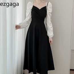Ezgaga Elegant Dress Women Square Collar Puff Sleeve High Waist Spring Korean Fashion Tender Ladies Dresses Vestidos 210430