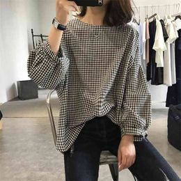 Spring Korea Fashion Women Lantern Sleeve O-neck Loose Shirt All-matched Casual Cotton Linen Blouses Femme Tops M967 210512