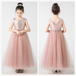 Blush Pink Tulle Flower Girls Dresses Real Image Gold Sequins Sash Ankle Length Tulle Jewel A Line Kids Formal Dress Junior Bridesmaid Dress