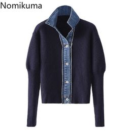 Nomikuma Cardigan Sweater Women Autumn Winter Knitwear Korean Demin Patchwork Knitted Coat Turn-down Collar Jacket 6D340 211011