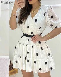 Polka Dots Mesh Puff Sleeve A-line Dress Women Sweet Ruffles V Neck Casual Mini Dress No Belt Y0726