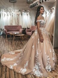 nude bride dresses NZ - 2021 Bohemia Off Shoulder A-Line Wedding Dresses Nude Tulle Appliques Floral Lace Beads Dark Champagne Country Bridal Gowns Long Bride Dress Custom Made
