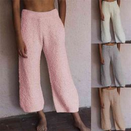 Loose Casual Straight Plush Pants Women Home Wear Grey Pink Calf-Length Elastic Waist Trousers Warm Sleepwear Pant Winter 210507