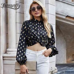 Mock Neck Gilding Polka Dot Twist Front Crop Top Women Spring Lantern Sleeve Fashion Ladies Tops and Blouses 210510