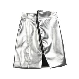 PU Black Silver High Street Solid Asymmetrical Mini Short Empire Skirt Zipper S0126 210514