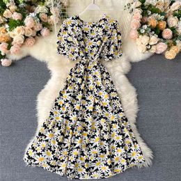 Floral Print Dress Women's Summer Seaside Holiday Ins Fashion Short Sleeve Daisy Printed Lace-up Waist Vestidos L632 210527