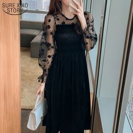 Spring Sexy Dress Women Korean Mesh Velvet Autumn Winter Midi Black Embroidery Vintage Ladies es Vestidos 12557 210508