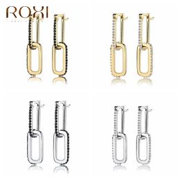 ROXI Double Square Stud Earrings for Women Black White Stone Unusual Earrings Piercing 925 Sterling Silver Jewellery Pendientes 210325