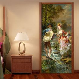 European Style 3D Oil Painting Figure Door Sticker Living Room Bedroom Self-Adhesive Waterproof Wall Sticker Home Decor 3D Decal 210317