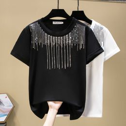 Summer Short Sleeve Diamond Tshirt Fashion Korean Style Tee Shirt Femme White Black T Shirts Women Casual Cotton Tops 210604