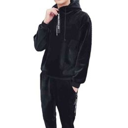 New Men Clothing Autumn And Winter 2021Korean Fashion Double-Sided Fleece Hooded Men's Sweater Thickened Sports Two-Piece Suit G1209