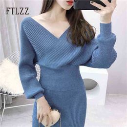 Women Fashion Knitted Two Piece Set Outfit Spring Autumn Batwing Sleeved Sweater + Wrap Skirt Suits Woman Tracksuits 210525