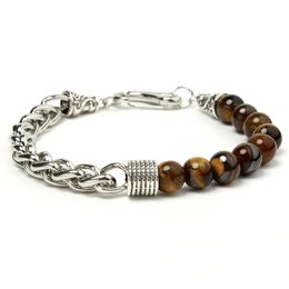 Natural Stone Beaded Bracelets For Men Yoga Stainless Steel Link Chain Bracelet Male Jewellery Tiger Eye Stone Bracelet