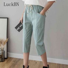 Cotton Linen Cropped Trousers Pants Summer High Waist Thin Section Fashion Women's Bandwidth Loose Casual Pink 210915