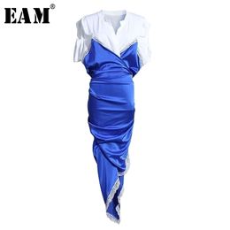 [EAM] Women Blue Irregular Split Joint Temparment Dress New V-Neck Short Sleeve Loose Fit Fashion Tide Spring Summer 1U315 210325