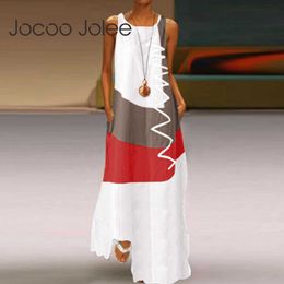 Jocoo Jolee Women Patchwork Printing Vintage O-Neck Hit Colour Sundress Summer Maxi Dress Casual Sleeveless Female Robe Plus Size 210619