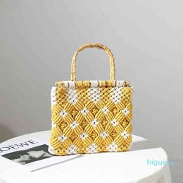 Designer- Shoulder Bags Hand Woven Rhombus Handbags Ladies Fashion Casual Portable Straw Bamboo Handle Women Packet