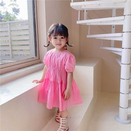 Summer 2021 cute baby girls ruched short sleeve dress 1-6 years Kids cotton casual pink princess dresses Q0716