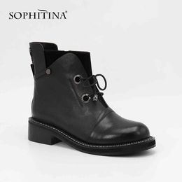 SOPHITINA Zipper Ankle Boots High Quality Brand Genuine Leather Woman Shoes Handmade Slip-on Square Heel Round Toe Boots SL21 210513