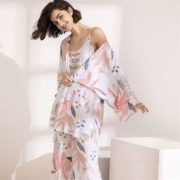 SELLING 3Pcs Soft Pyjama Set For SPRING & FALL Ladies Sleepwear Floral Printed Pink Leaves Cardigan+Camisole+Pants Homewear 210928