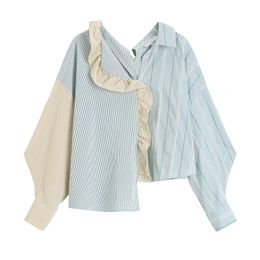Korean Chic Casual Fashion Striped Stitching V-neck Ruffled Blue Loose Long-sleeved Shirt Top Women Summer Blusas 210510