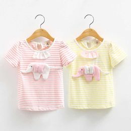 Girls Clothes Summer Pure Cotton Yellow Pink Solid Colour Patchwork Elephant Decoration Short Sleeve O-Neck T-Shirt For Girl 210529