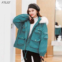 Winter Women Thick Warm Big Real Fur Collar Hooded 90% White Duck Down Coat Safari Style Loose Snow Jacket Outwear 210430