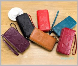 double-zipper wallet for women, real leather, large capacity, long top layer leather, mobile phone wallet