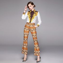 Spring Fashion Pant Set Suits Women's Turn-Down Collar Bow Tie Shirt Top+Vintage Floral Printed Trousers Suit 2 Pieces Set 210514