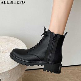 ALLBITEFO arrive genuine leather thick heels ankle boots women heels shoes low-heeled comfortable party women boots 210611